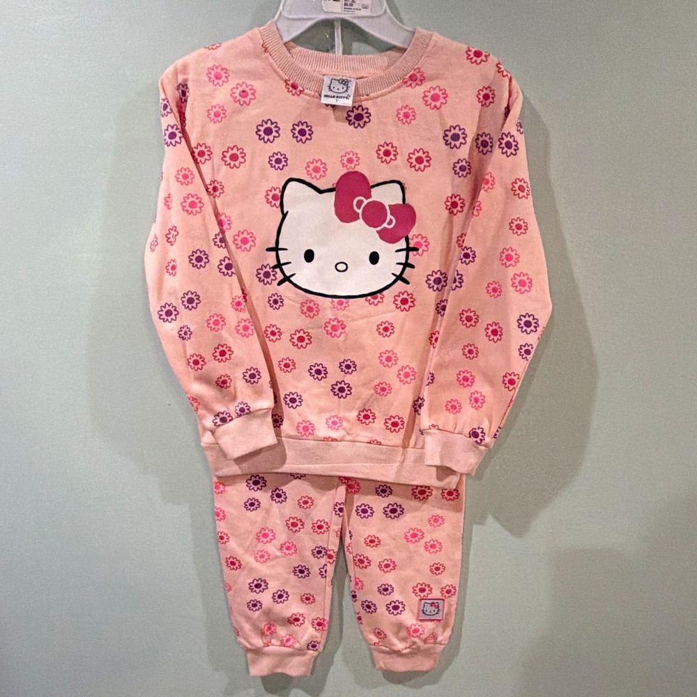 Hello Kitty Girls 2-Piece Pink Floral Knit Sweatshirt & Pants Set Size 7
